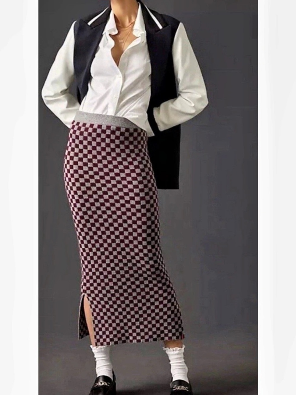 KULE Checkered Midi Skirt in Burgundy & Gray